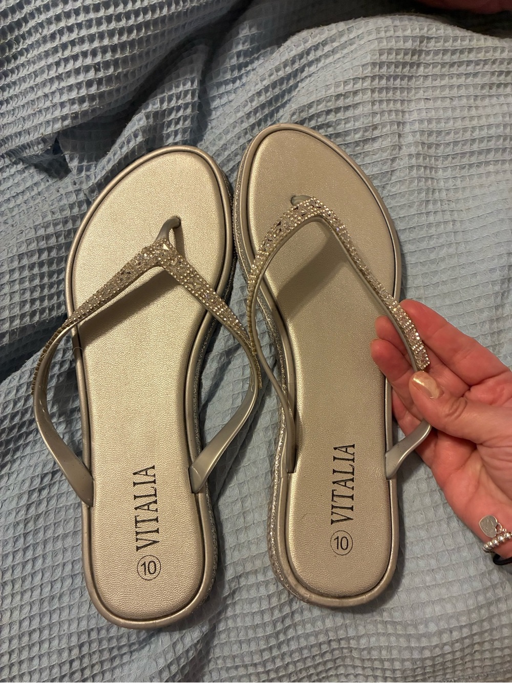 Vitalla Women's Silver Rhinestone Flip Flops